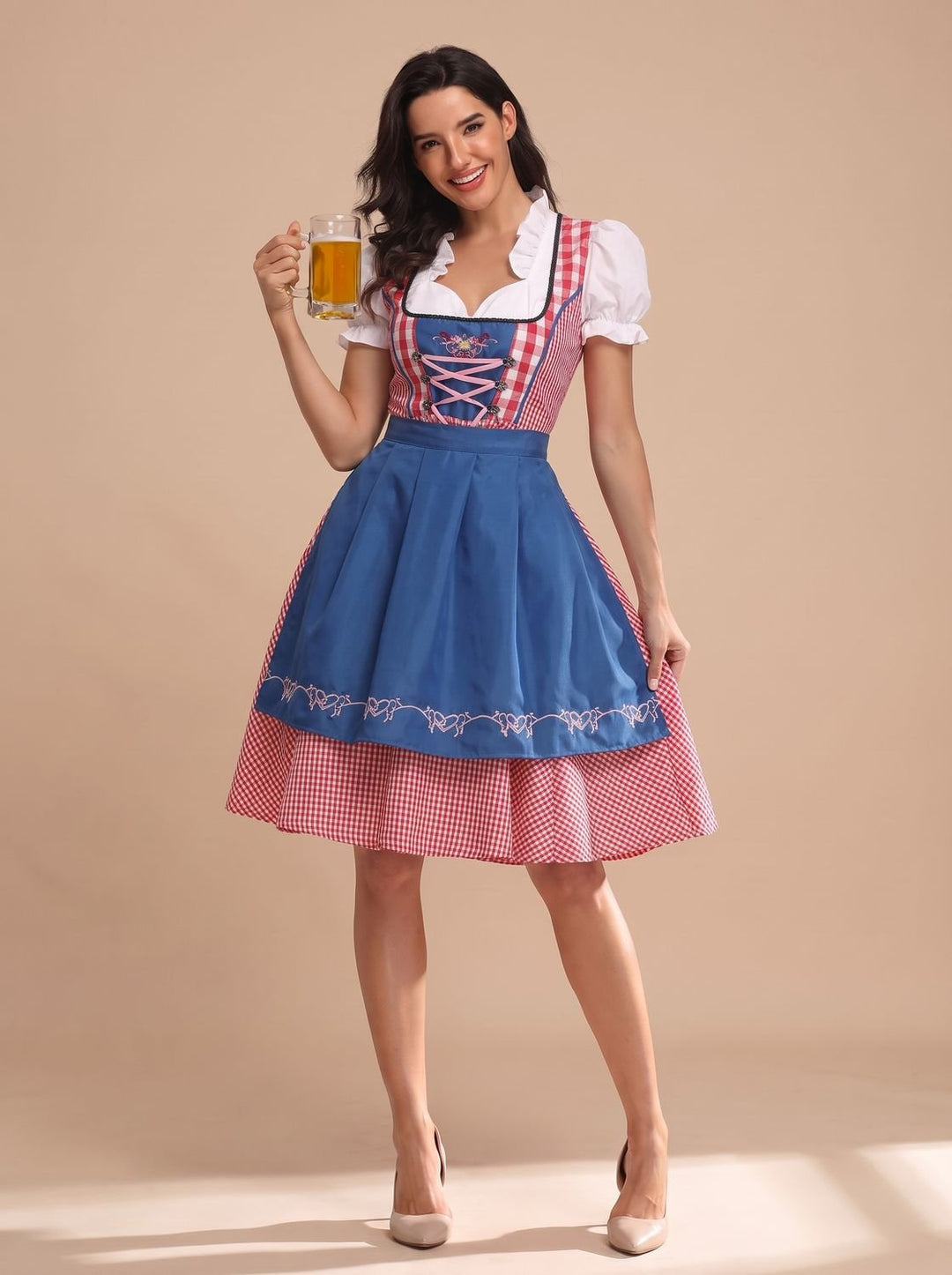 Damen Kariertes Oktoberfest Trachtenkleid mit Schürze und Bluse