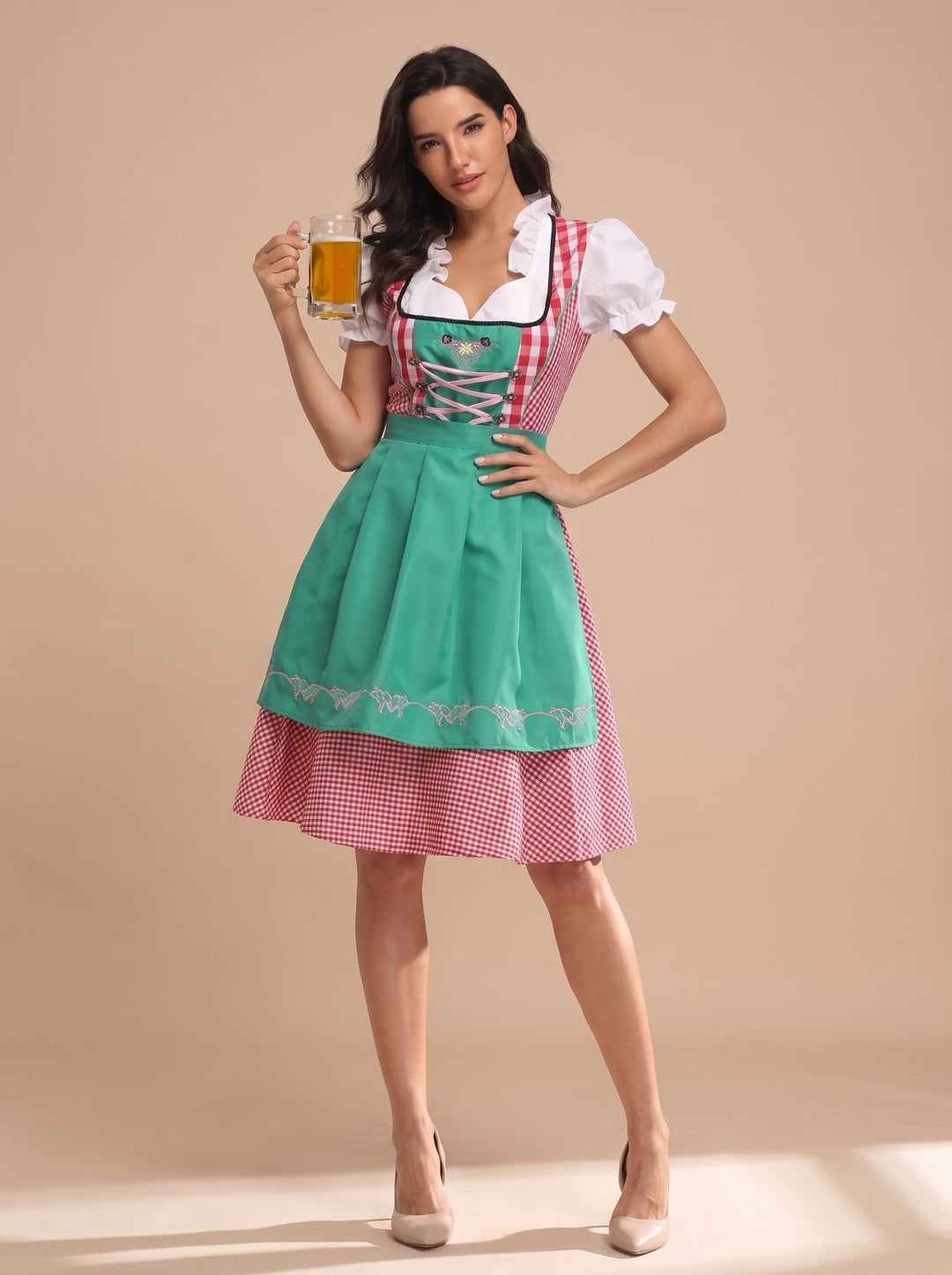 Damen Kariertes Oktoberfest Trachtenkleid mit Schürze und Bluse - Kariert Rot-Türkis