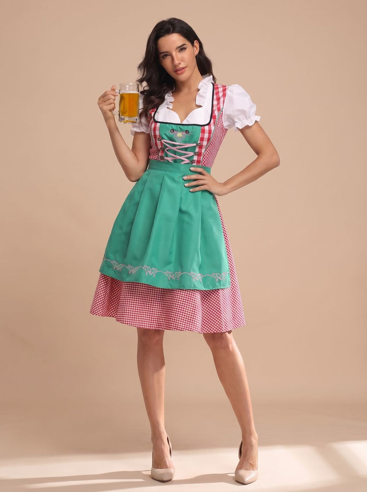 Damen Kariertes Oktoberfest Trachtenkleid mit Schürze und Bluse - Kariert Rot-Türkis
