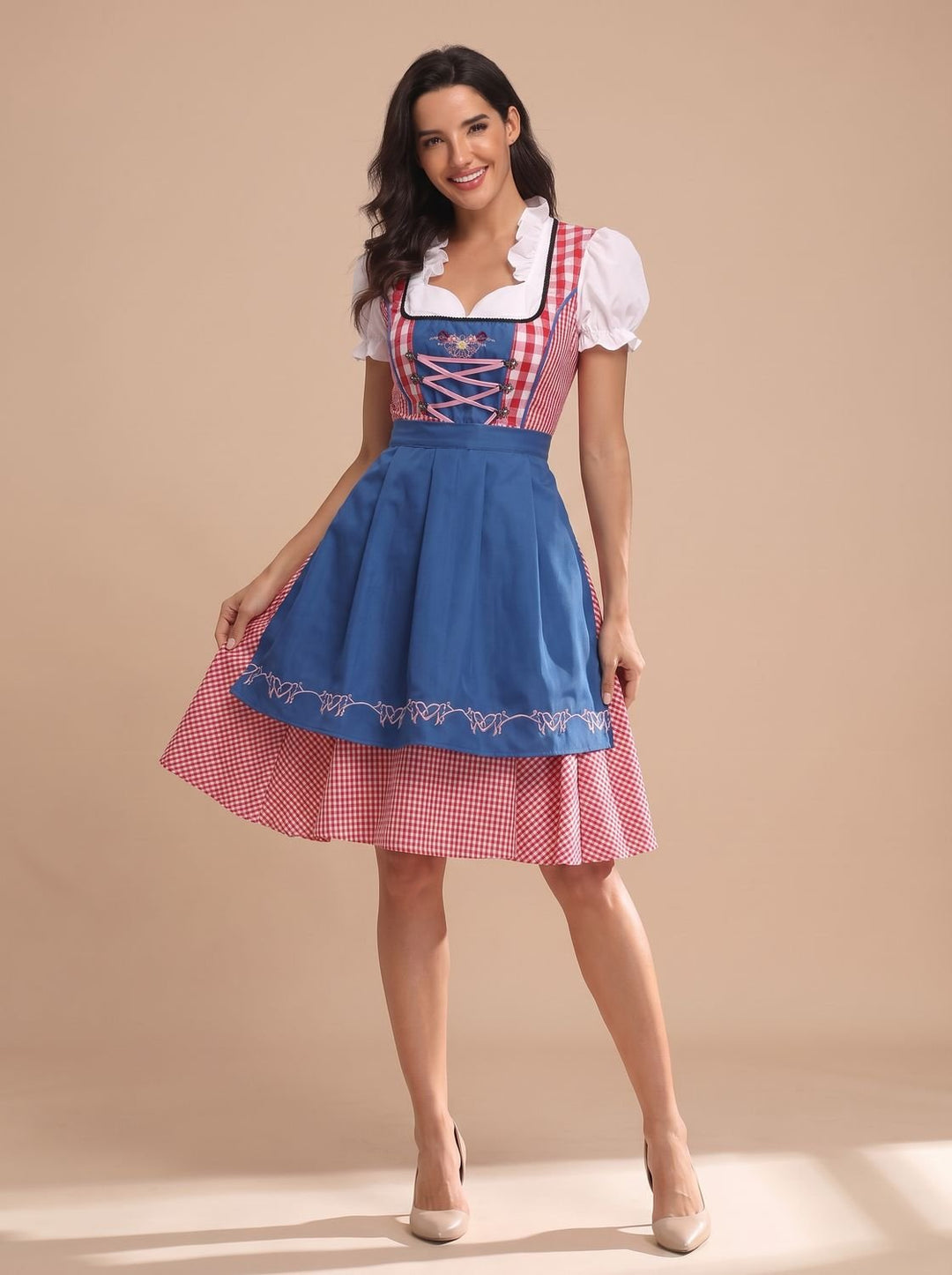 Damen Kariertes Oktoberfest Trachtenkleid mit Schürze und Bluse - Kariert Rot-Blau