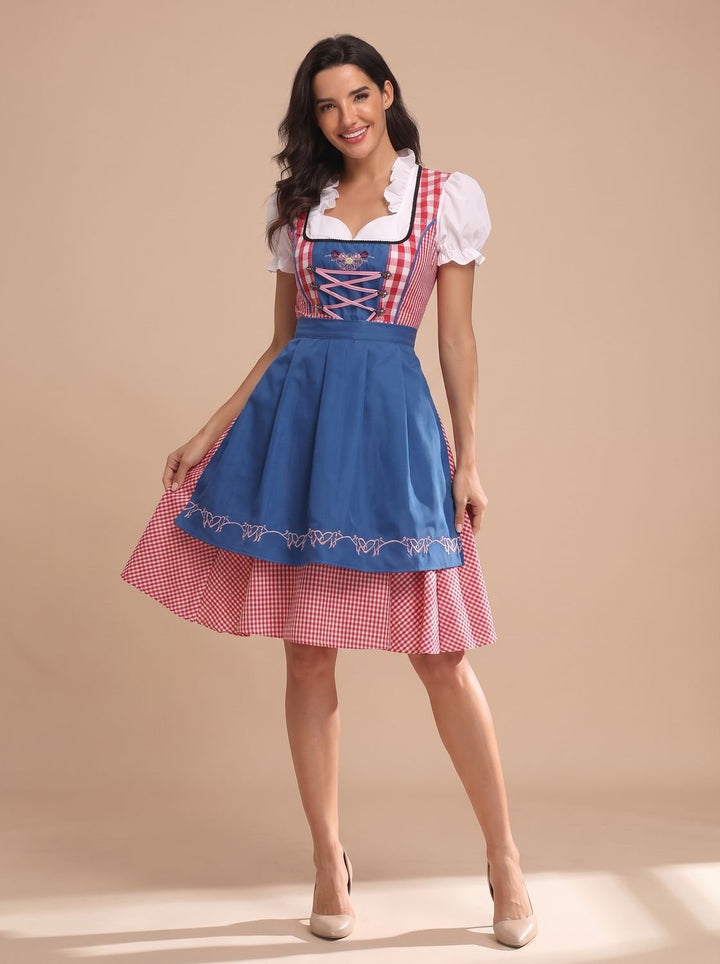 Damen Kariertes Oktoberfest Trachtenkleid mit Schürze und Bluse - Kariert Rot-Blau