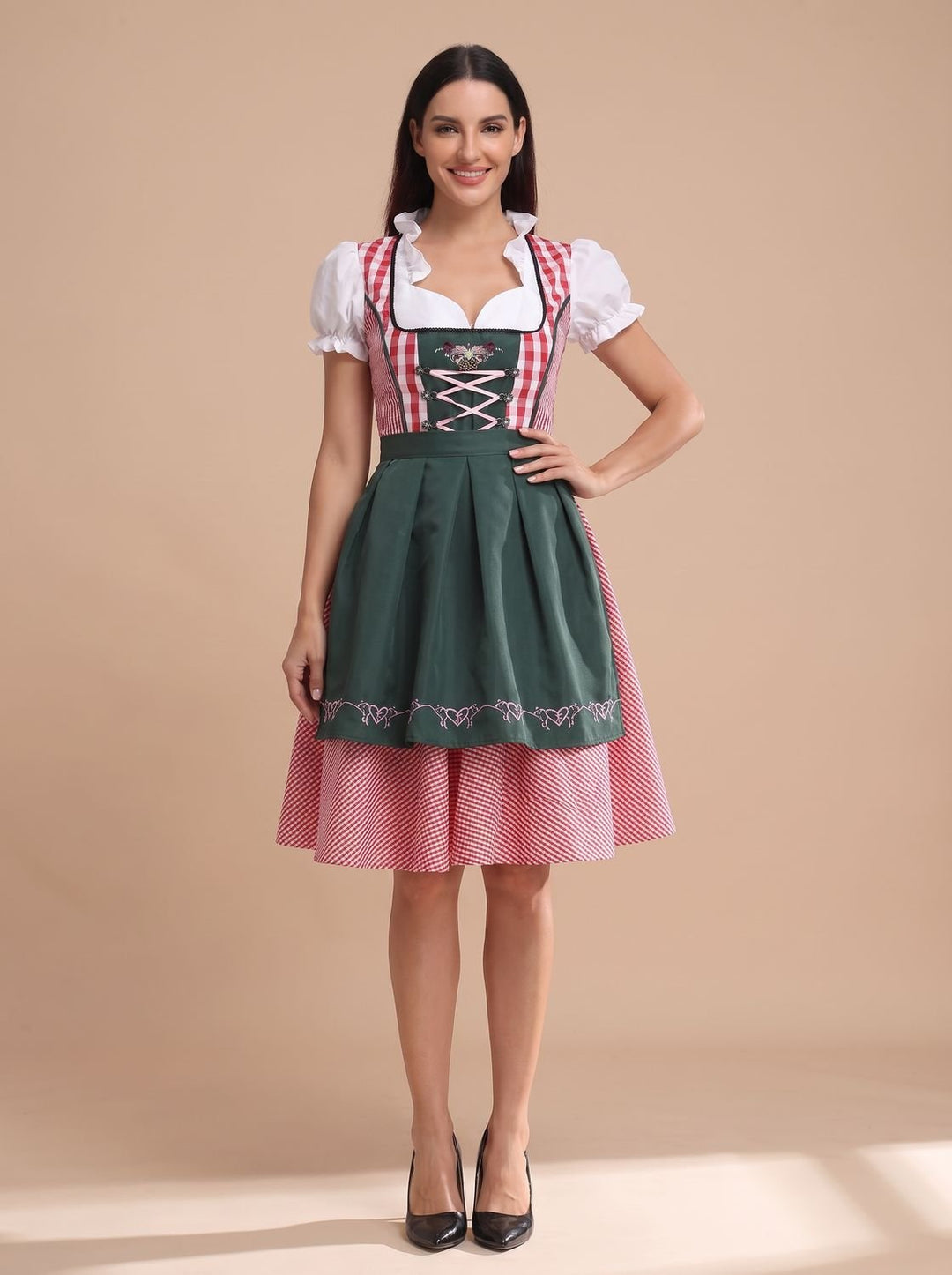 Damen Kariertes Oktoberfest Trachtenkleid mit Schürze und Bluse - Kariert Rot-Dunkelgrün