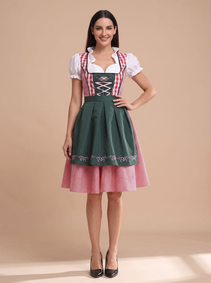 Damen Kariertes Oktoberfest Trachtenkleid mit Schürze und Bluse - Kariert Rot-Dunkelgrün