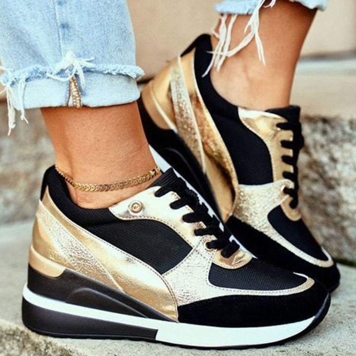 Damen Keilabsatz Sneaker Schnürschuh Metallic-Besatz Plateausohle - Gold