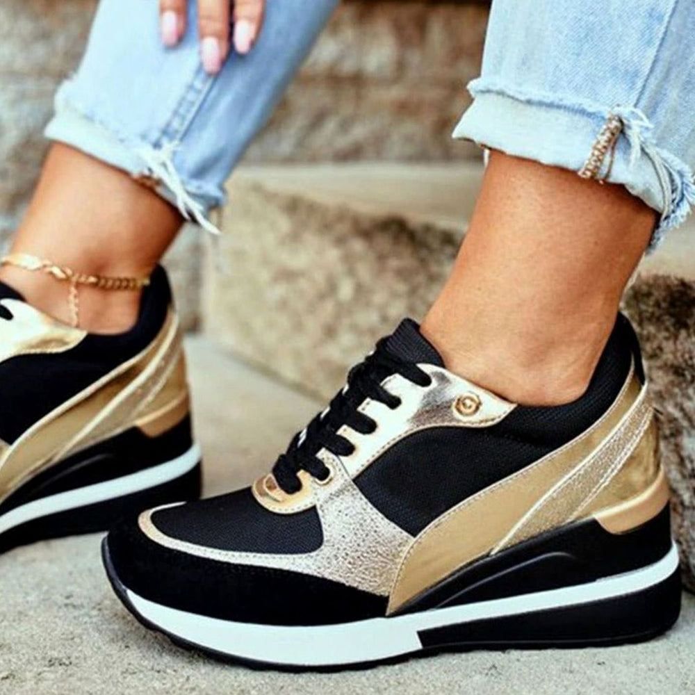 Damen Keilabsatz Sneaker Schnürschuh Metallic-Besatz Plateausohle