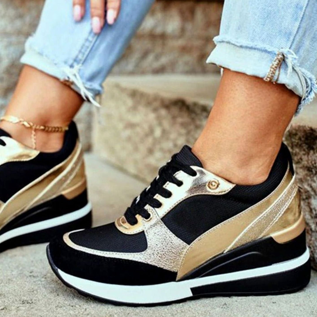 Damen Keilabsatz Sneaker Schnürschuh Metallic-Besatz Plateausohle