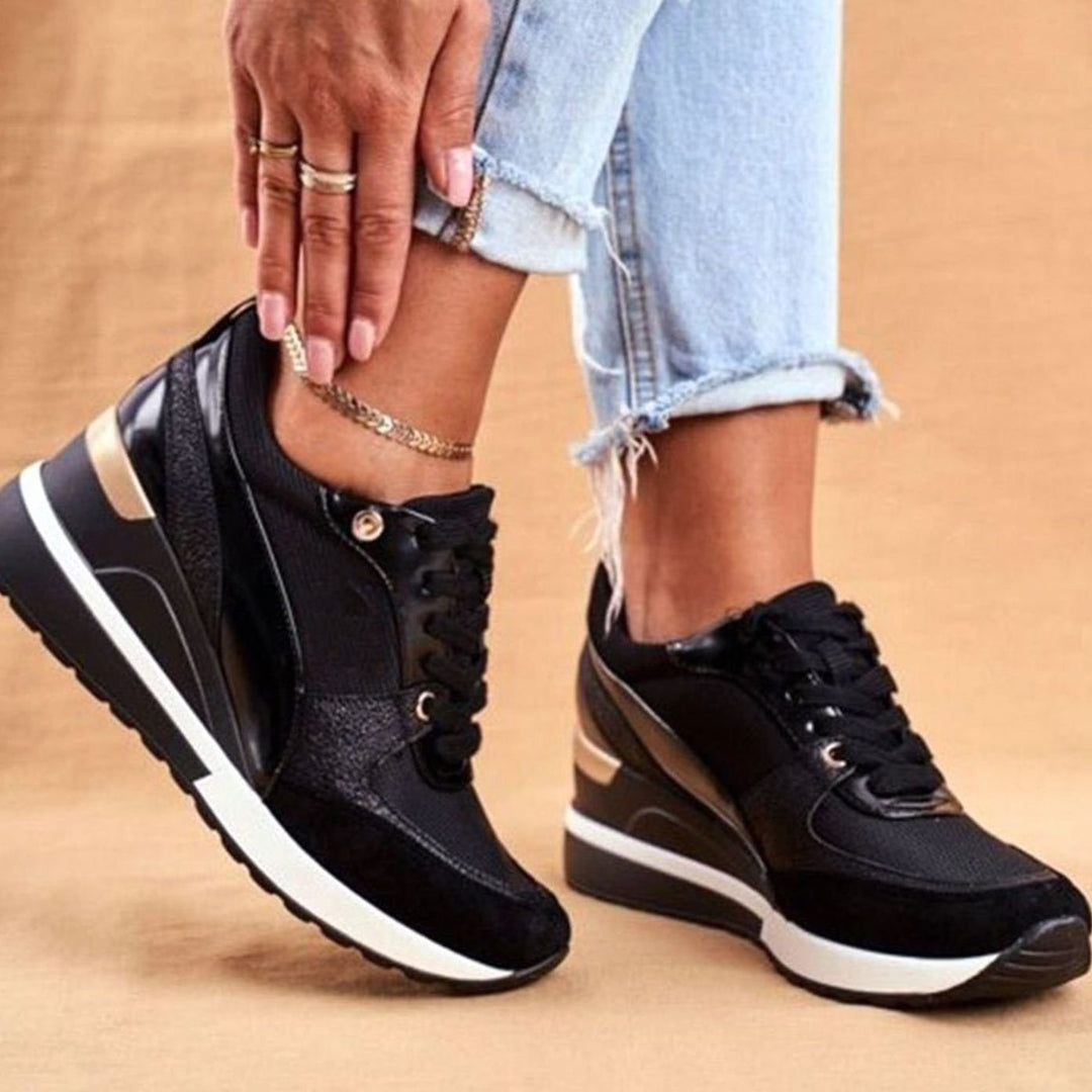 Damen Keilabsatz Sneaker Schnürschuh Metallic-Besatz Plateausohle - Schwarz