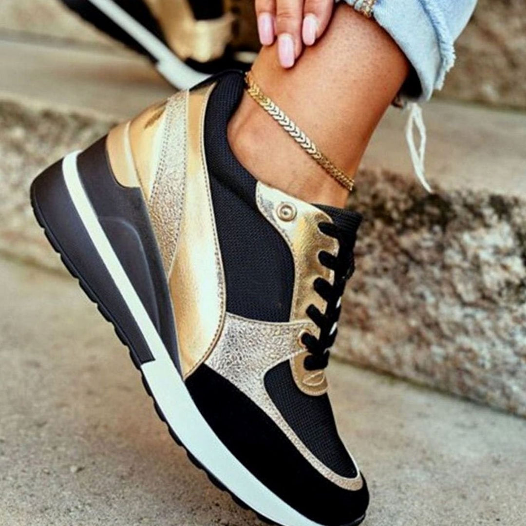 Damen Keilabsatz Sneaker Schnürschuh Metallic-Besatz Plateausohle