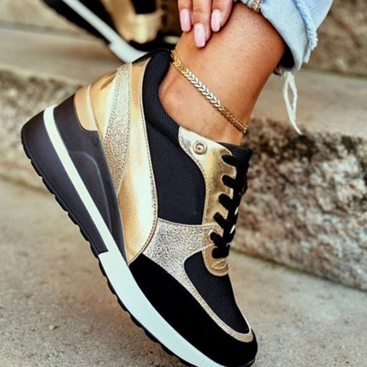 Damen Keilabsatz Sneaker Schnürschuh Metallic-Besatz Plateausohle