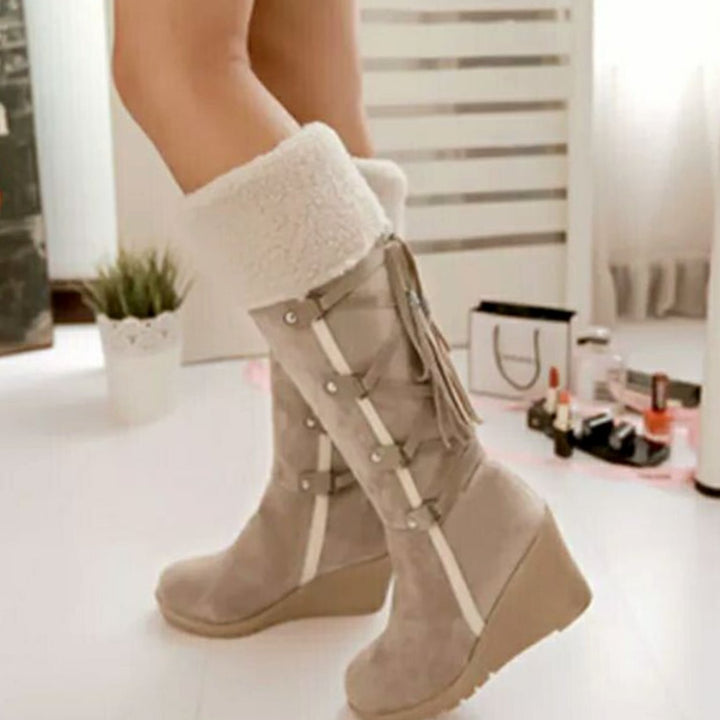 Damen Keilabsatz-Winterstiefel mit Fellumschlag Schnürung - Beige