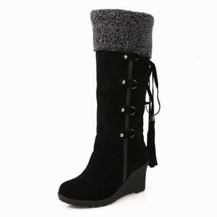 Damen Keilabsatz-Winterstiefel mit Fellumschlag Schnürung - Schwarz