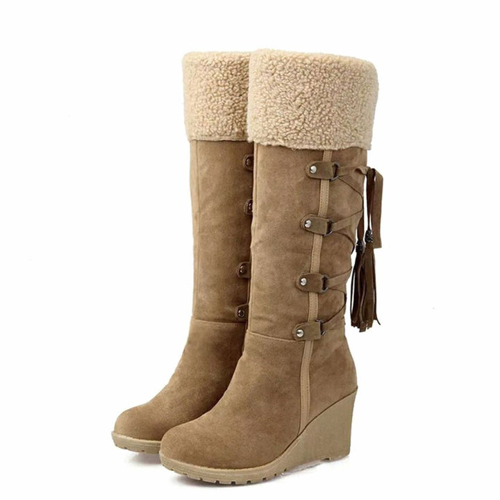 Damen Keilabsatz-Winterstiefel mit Fellumschlag Schnürung - Braun