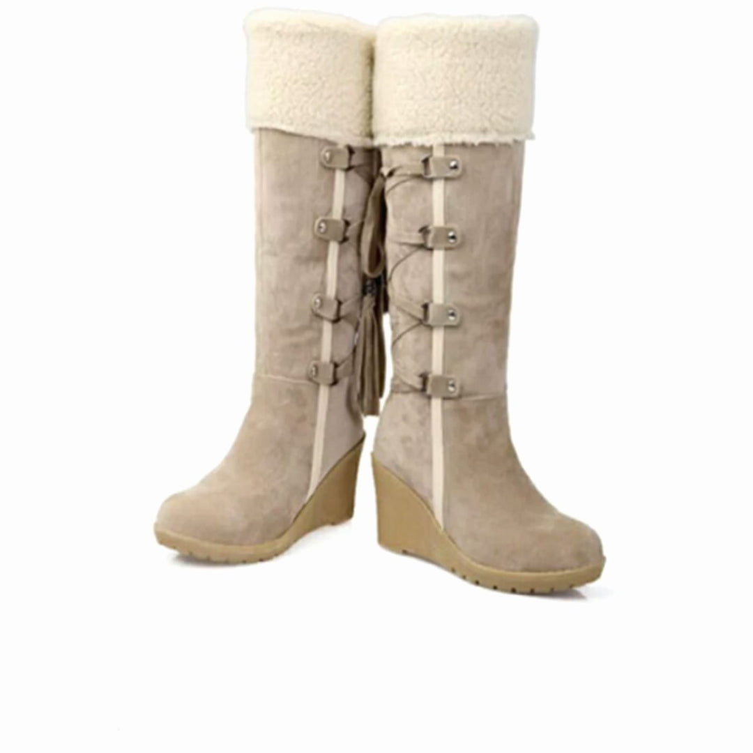 Damen Keilabsatz-Winterstiefel mit Fellumschlag Schnürung