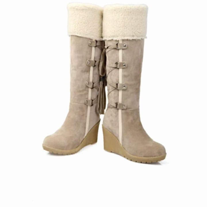 Damen Keilabsatz-Winterstiefel mit Fellumschlag Schnürung