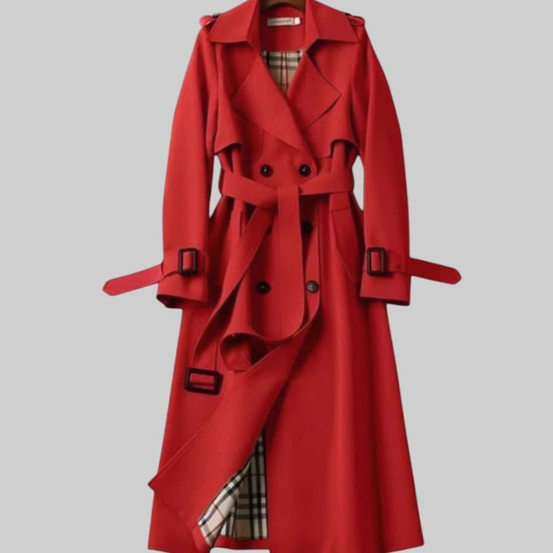 Damen Klassischer Doppelreihiger Trenchcoat mit Gürtel für den Winter - Rot