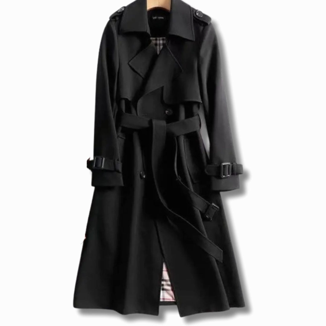 Damen Klassischer Doppelreihiger Trenchcoat mit Gürtel für den Winter - Schwarz