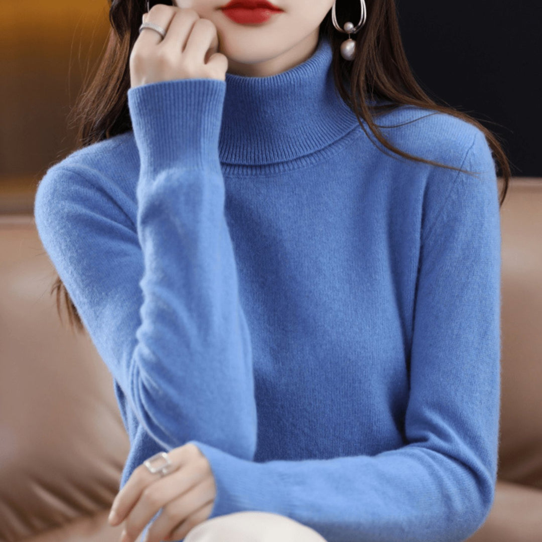 Damen Klassischer Rollkragen Strickpullover Warm Weich - Blau
