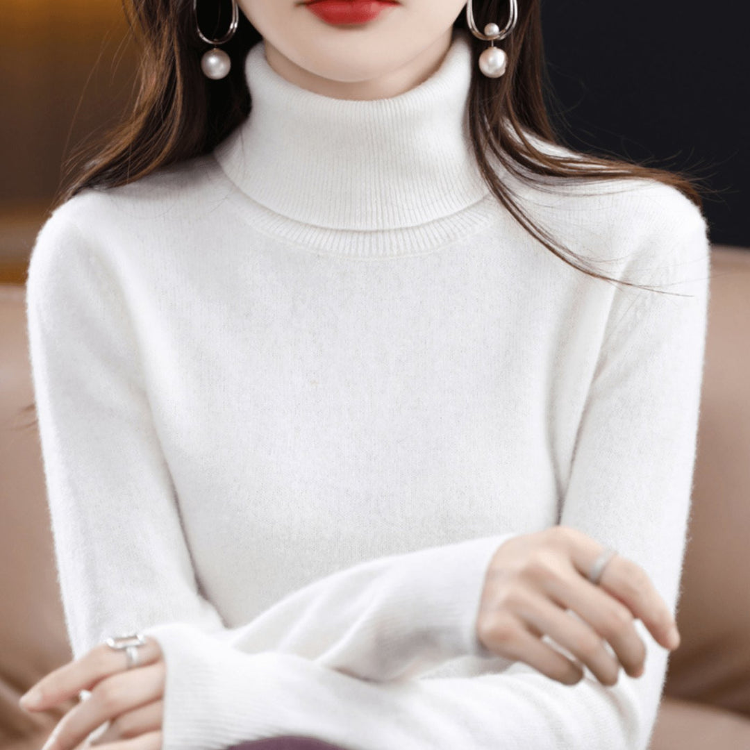 Damen Klassischer Rollkragen Strickpullover Warm Weich - Weiß