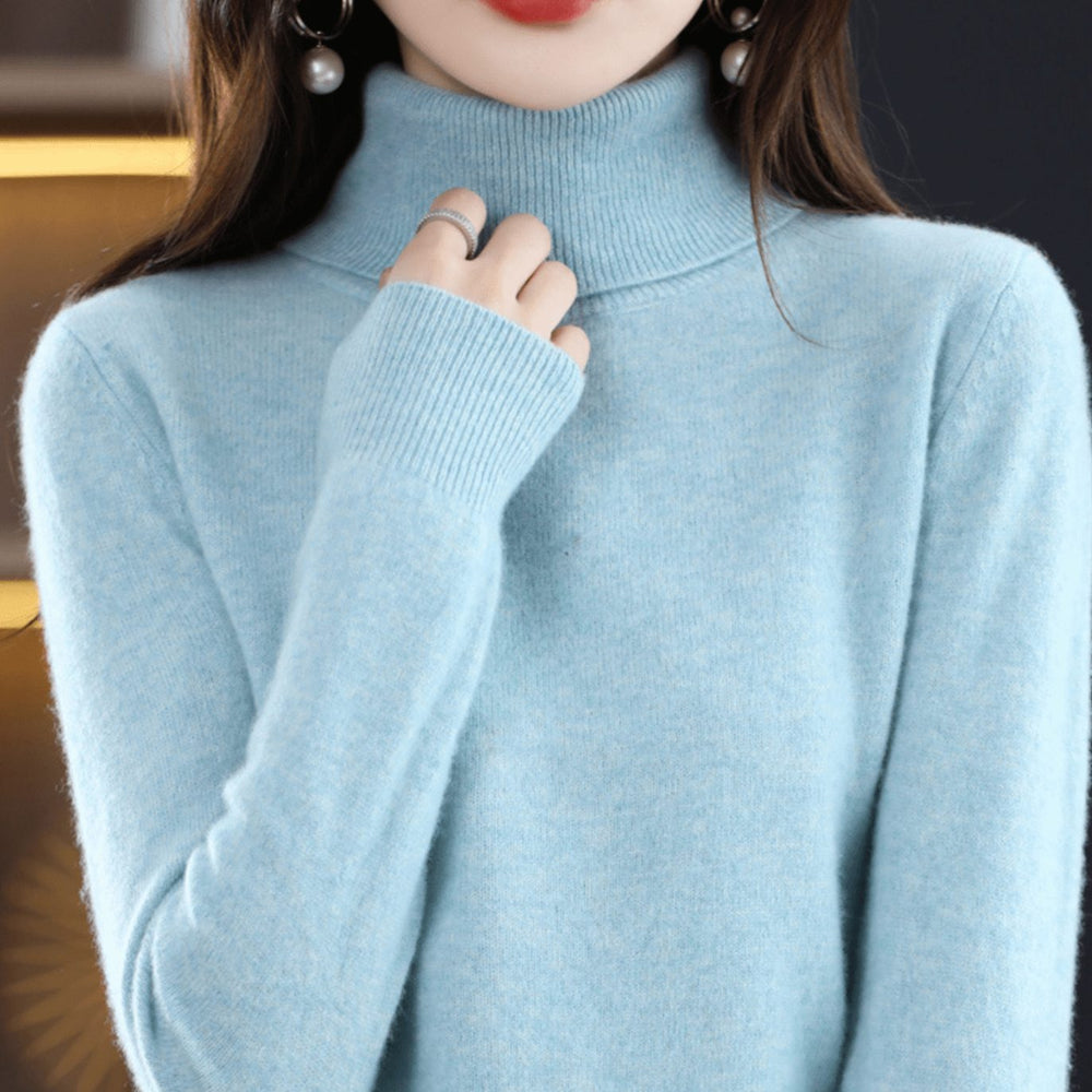 Damen Klassischer Rollkragen Strickpullover Warm Weich - Hellblau