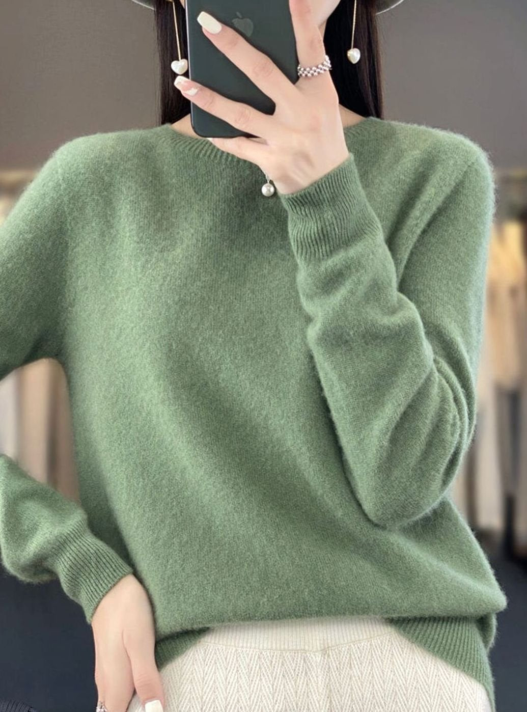 Damen Klassischer Rundhals-Strickpullover mit Langarm - Türkis