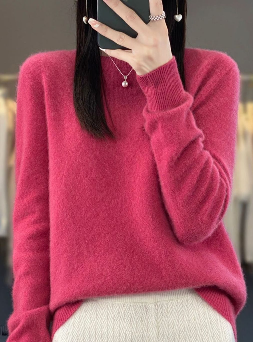 Damen Klassischer Rundhals-Strickpullover mit Langarm - Himbeerrot