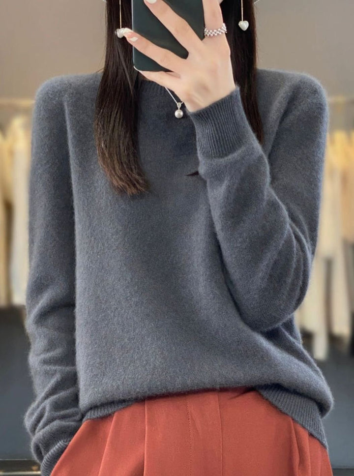 Damen Klassischer Rundhals-Strickpullover mit Langarm - Dunkelgrau