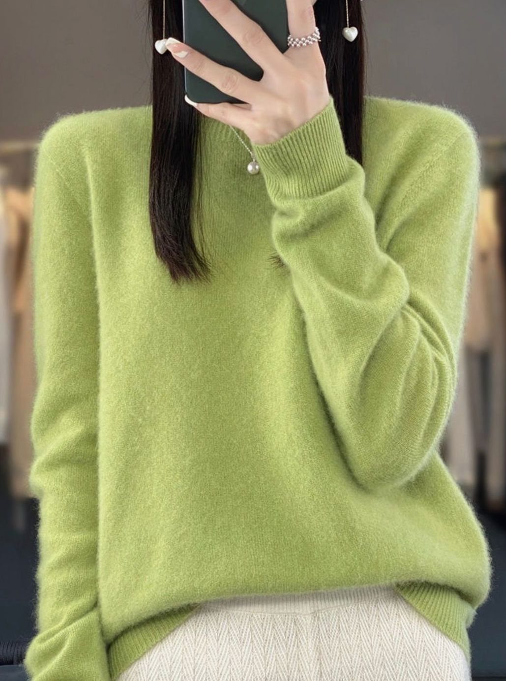Damen Klassischer Rundhals-Strickpullover mit Langarm - Fruchtgrün