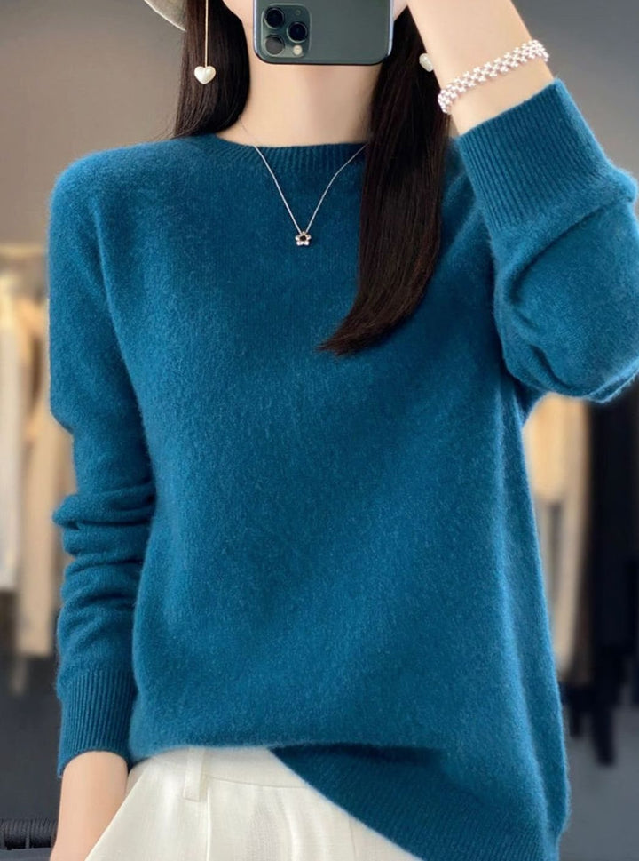 Damen Klassischer Rundhals-Strickpullover mit Langarm - Blaualgen