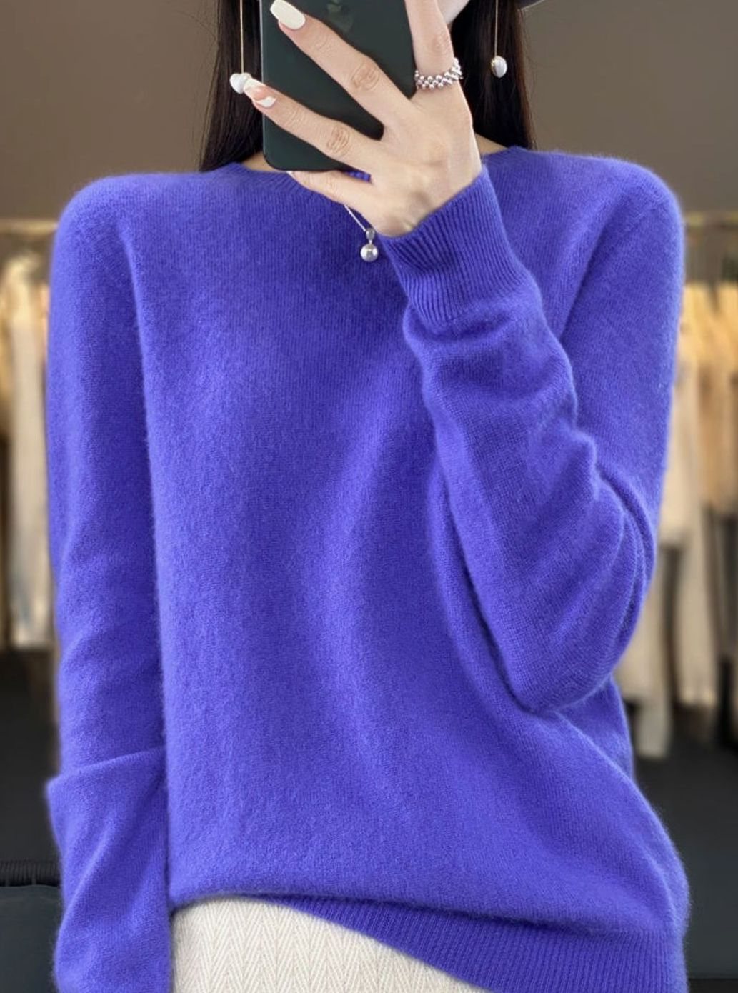 Damen Klassischer Rundhals-Strickpullover mit Langarm - Blau Violett