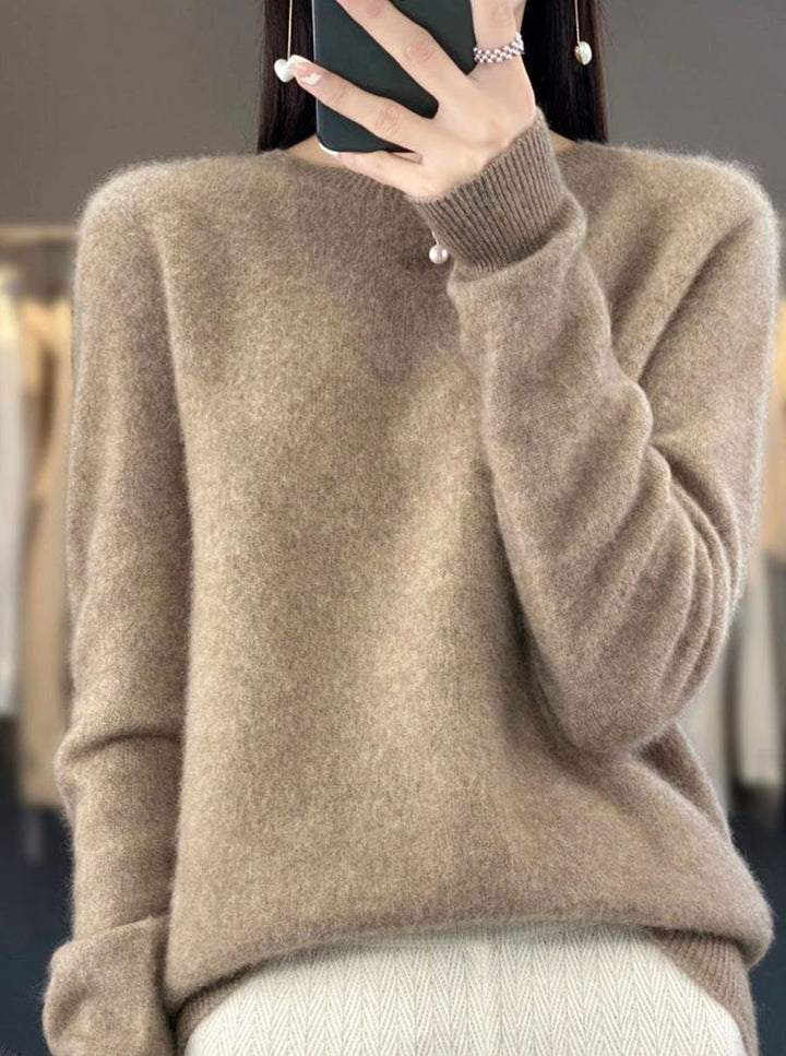 Damen Klassischer Rundhals-Strickpullover mit Langarm - Camel