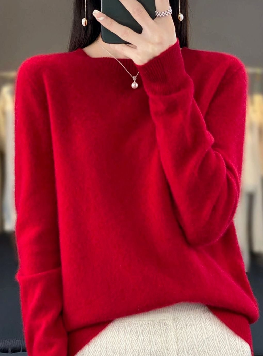 Damen Klassischer Rundhals-Strickpullover mit Langarm - Rot