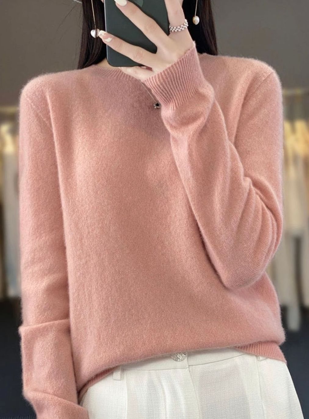 Damen Klassischer Rundhals-Strickpullover mit Langarm - Rosa