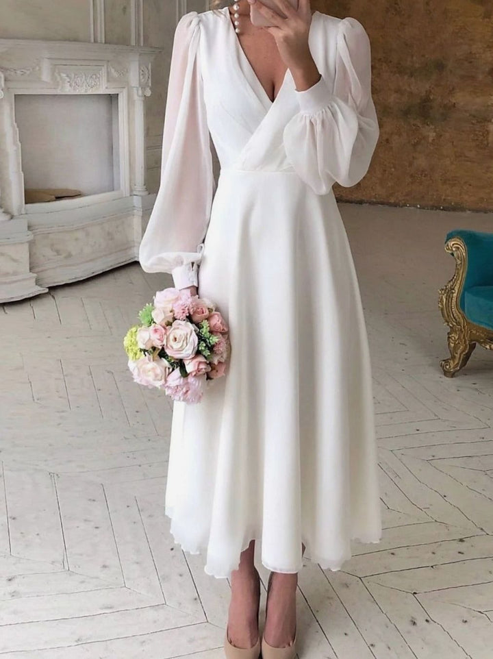 Damen Klassisches Langarm Fließendes Brautkleid V-Ausschnitt Midi - Weiß