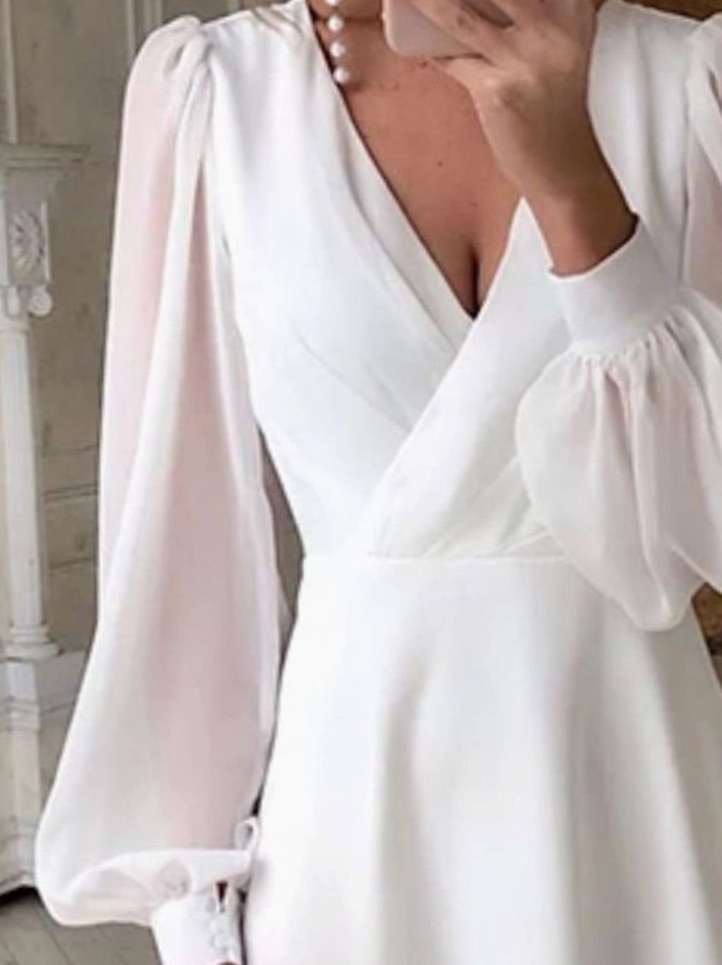 Damen Klassisches Langarm Fließendes Brautkleid V-Ausschnitt Midi