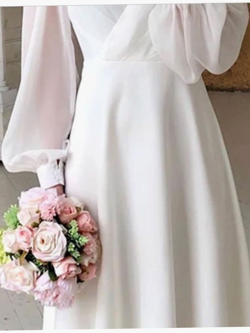 Damen Klassisches Langarm Fließendes Brautkleid V-Ausschnitt Midi