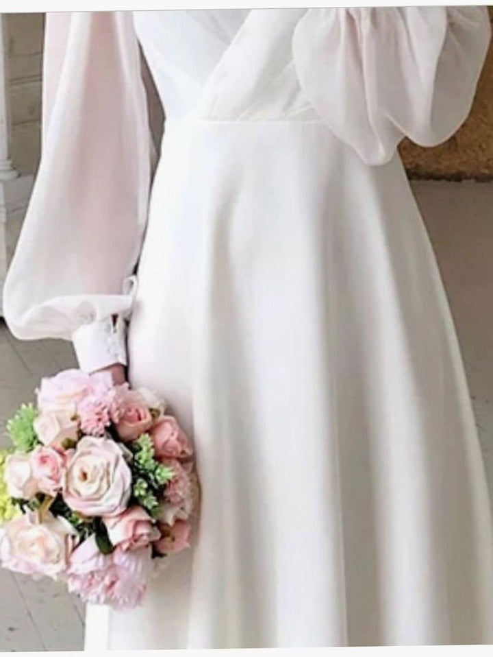 Damen Klassisches Langarm Fließendes Brautkleid V-Ausschnitt Midi