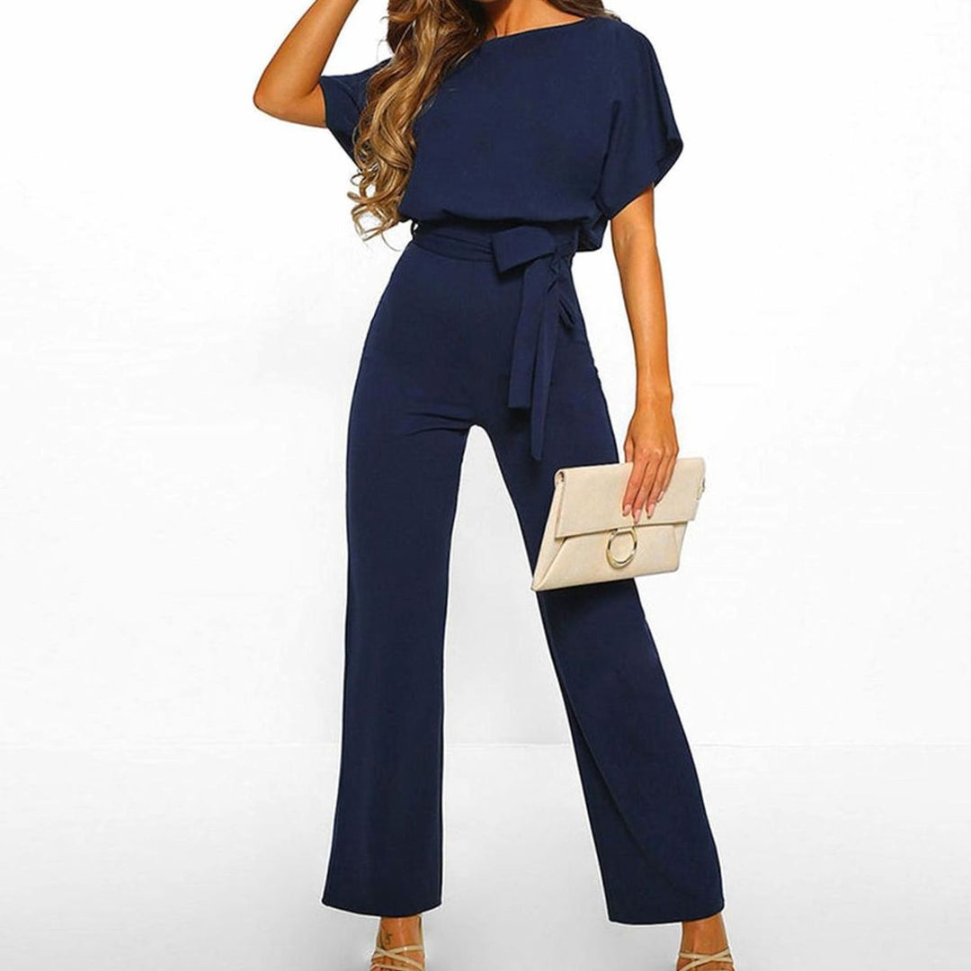 Damen Kurzarm-Jumpsuit mit Gürtel Weitem Bein Lässiger Einteiler - Dunkelblau