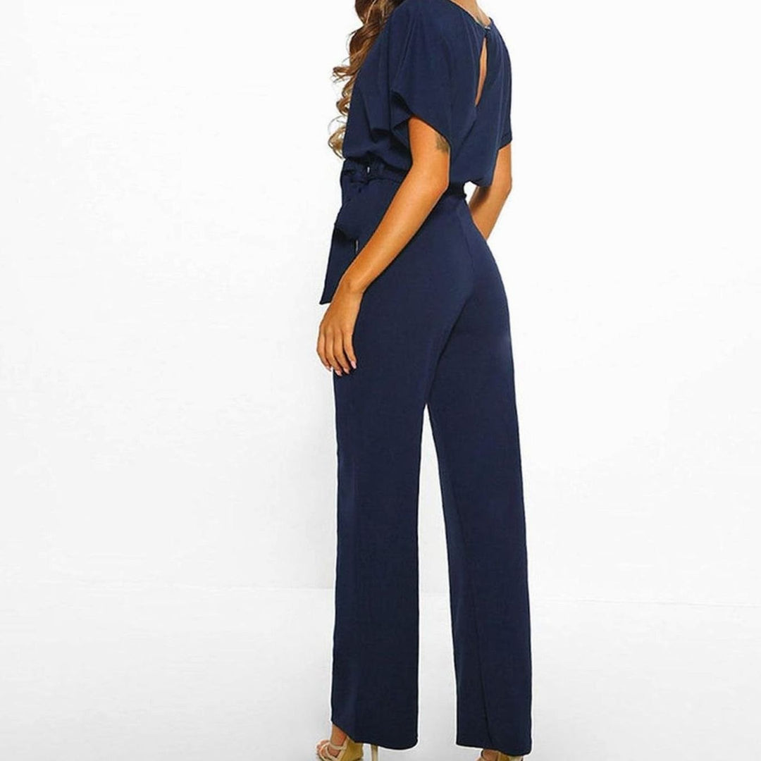 Damen Kurzarm-Jumpsuit mit Gürtel Weitem Bein Lässiger Einteiler