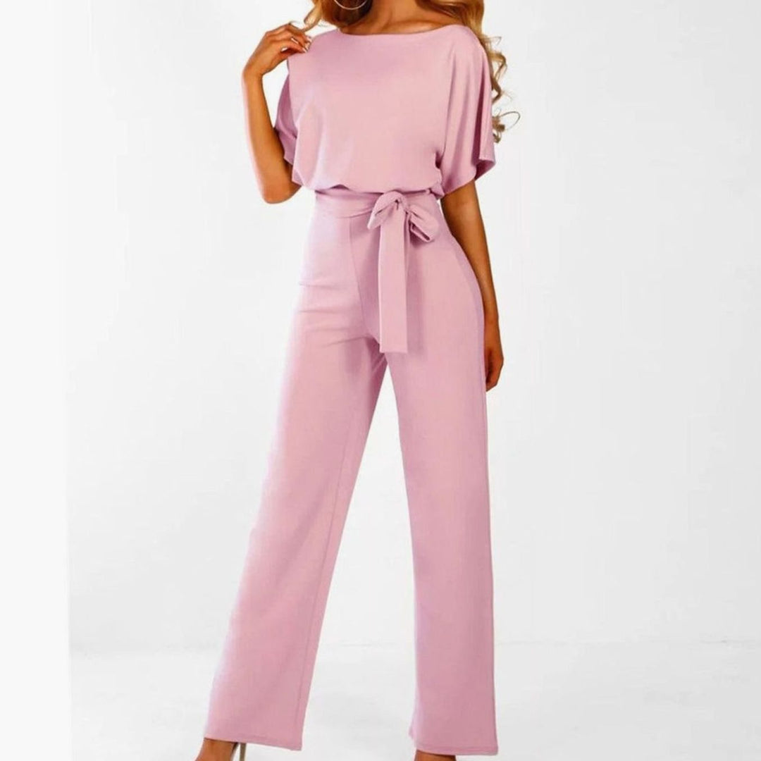 Damen Kurzarm-Jumpsuit mit Gürtel Weitem Bein Lässiger Einteiler - Rosa