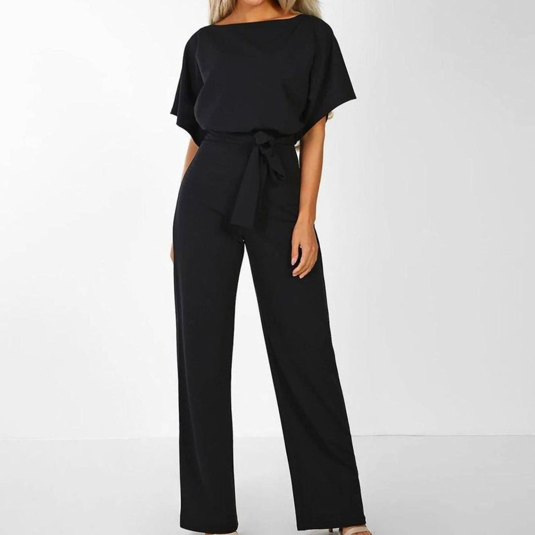 Damen Kurzarm-Jumpsuit mit Gürtel Weitem Bein Lässiger Einteiler - Schwarz
