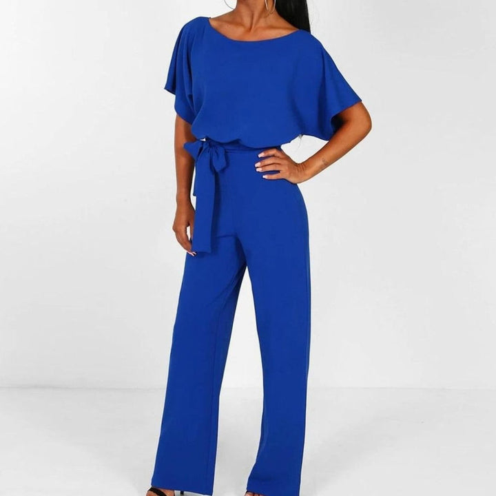Damen Kurzarm-Jumpsuit mit Gürtel Weitem Bein Lässiger Einteiler - Blau