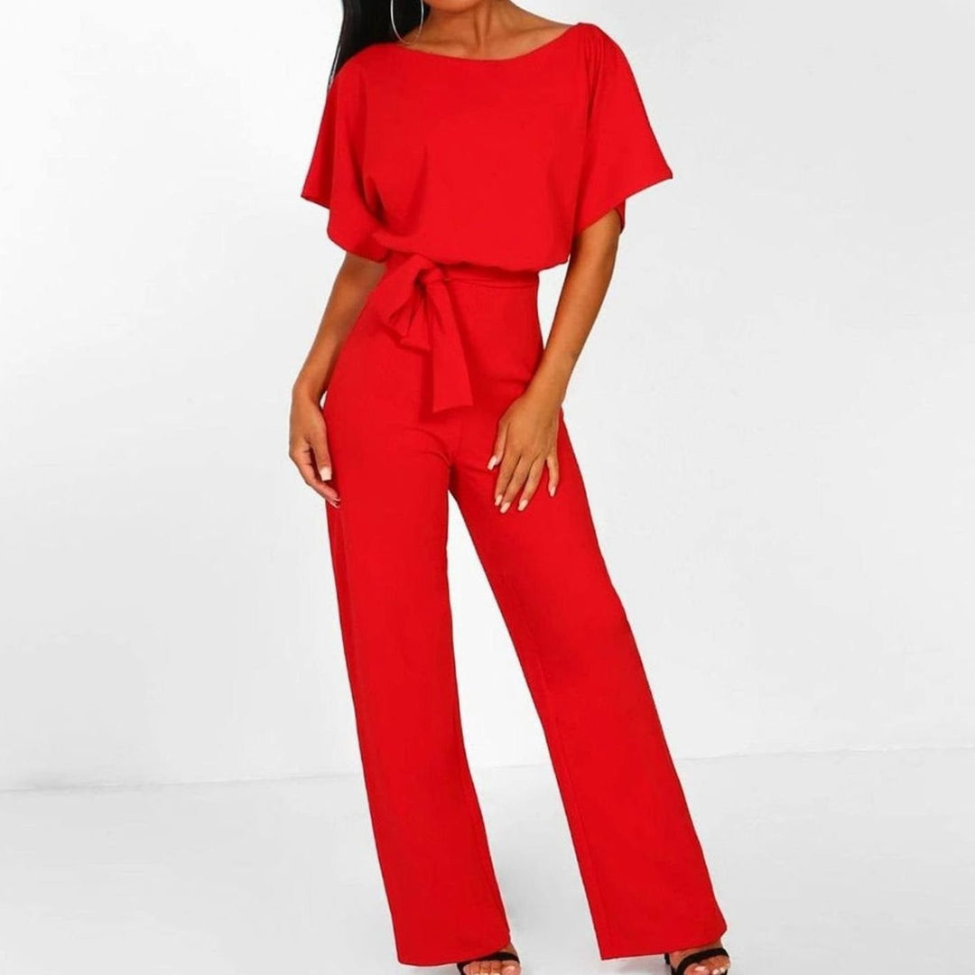 Damen Kurzarm-Jumpsuit mit Gürtel Weitem Bein Lässiger Einteiler - Rot