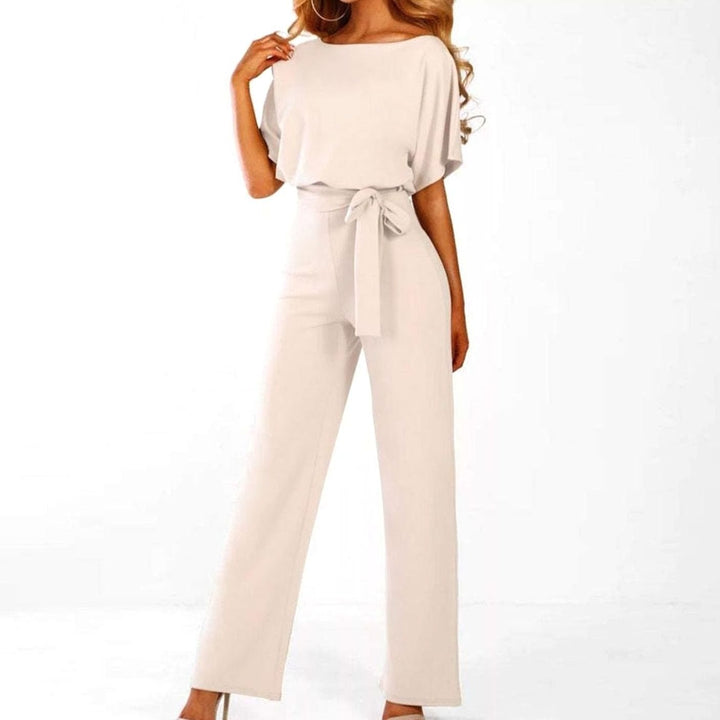 Damen Kurzarm-Jumpsuit mit Gürtel Weitem Bein Lässiger Einteiler - Beige