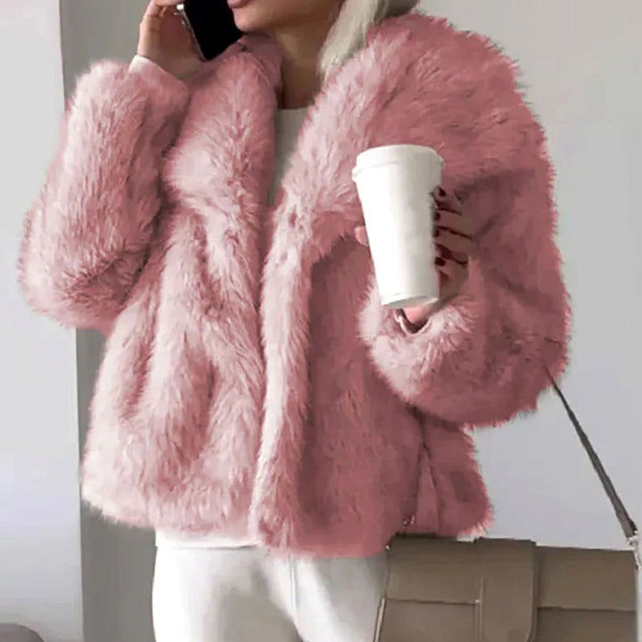 Damen Kurze Kuschelige Winterjacke aus Kunstfell mit Lockerem Schnitt - Rosa