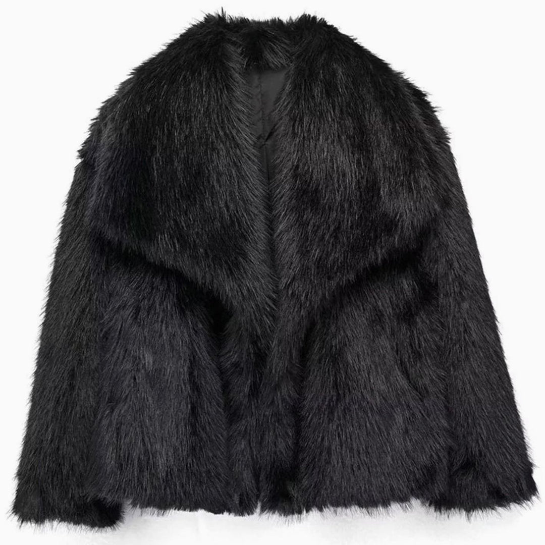Damen Kurze Kuschelige Winterjacke aus Kunstfell mit Lockerem Schnitt - Schwarz
