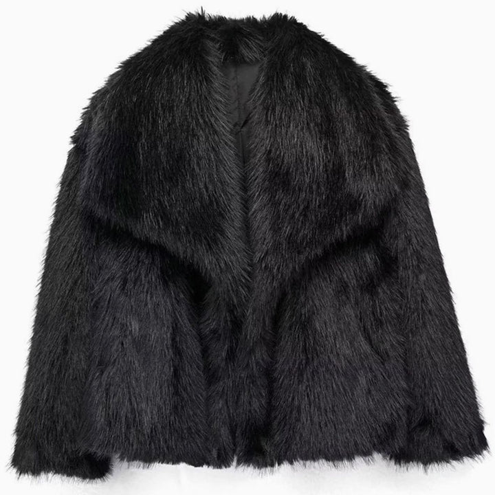 Damen Kurze Kuschelige Winterjacke aus Kunstfell mit Lockerem Schnitt - Schwarz