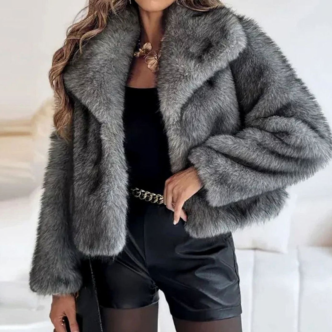 Damen Kurze Kuschelige Winterjacke aus Kunstfell mit Lockerem Schnitt - Dunkelgrau