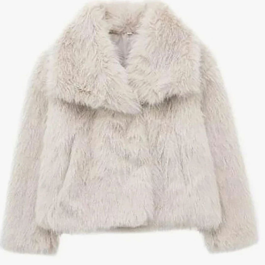 Damen Kurze Kuschelige Winterjacke aus Kunstfell mit Lockerem Schnitt - Creme