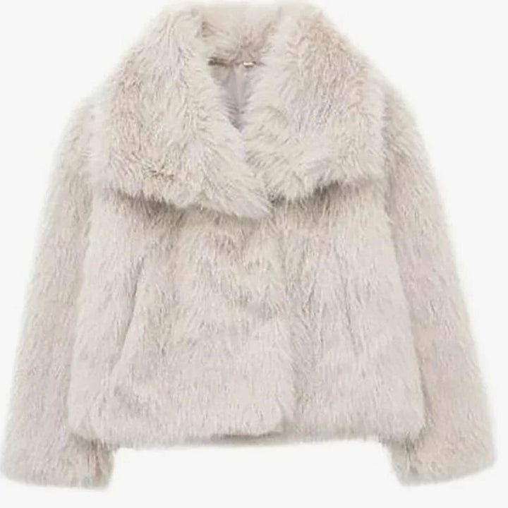 Damen Kurze Kuschelige Winterjacke aus Kunstfell mit Lockerem Schnitt - Creme