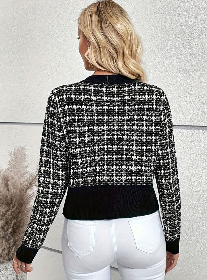 Damen Kurze Taillierte Strickjacke aus Tweed-Material mit Goldknöpfen